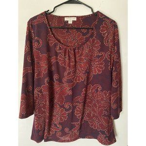 Coldwater Creek Womens Shirt Large 14 - 16 Red Burgundy Shirt Blouse 3/4 Sleeve